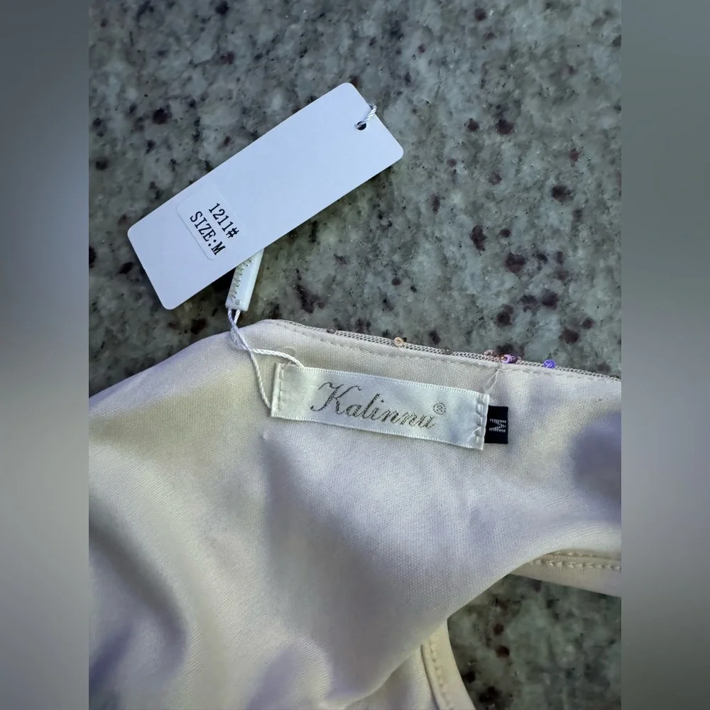 Kalinnu Champagne Sequins Mermaid Evening Gown dress Size Medium New with tags - Picture 12 of 14